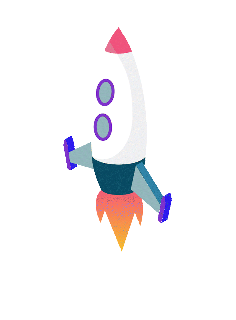 En animert rakett med flammer ut av motorene