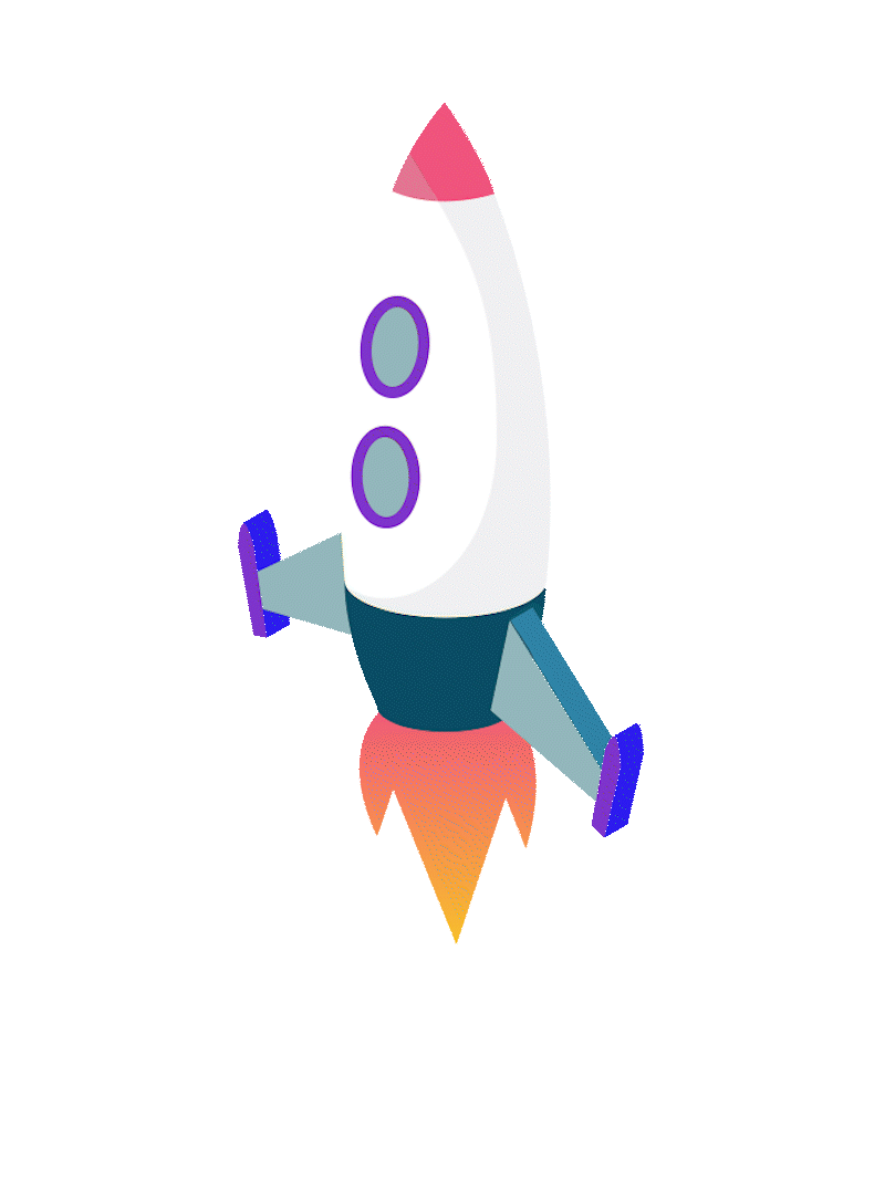 En animert rakett med flammer ut av motorene