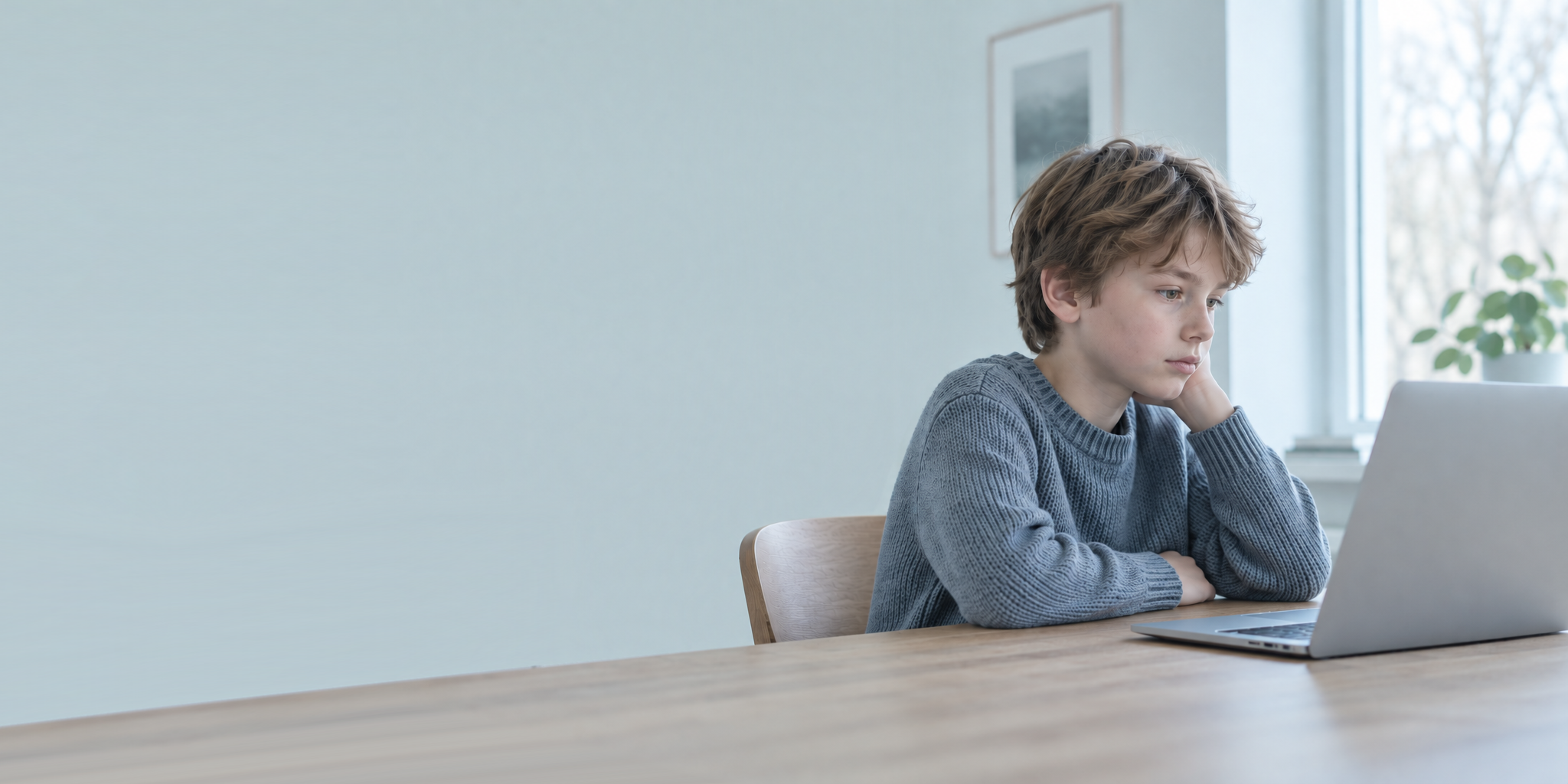 A child concentrating on a laptop at a table